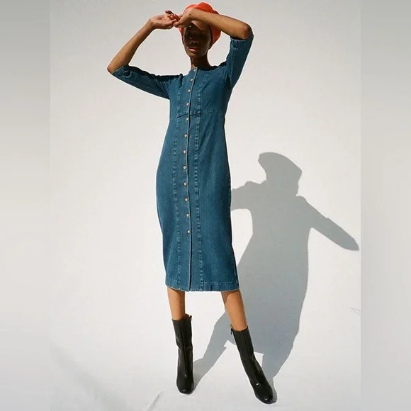 Ilana Kohn denim maxi dress 3/4 sleeves button down size 4 - Picture 2 of 11